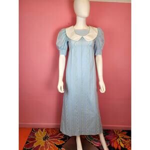 Vintage 1970's Light Blue Swiss Dot Floral Regency Style Prairie Dress